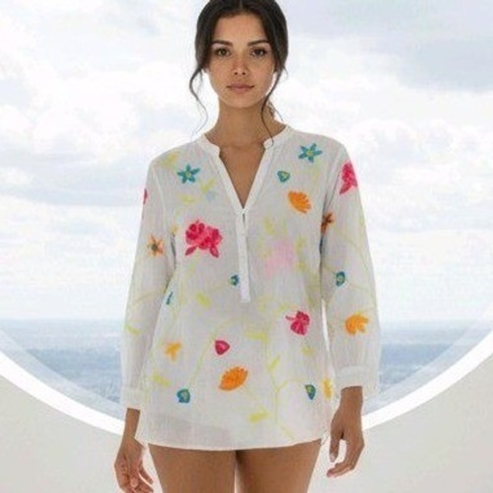 Johnny Was White Cotton Embroidered Floral Tunic Blouse Neon Pink S